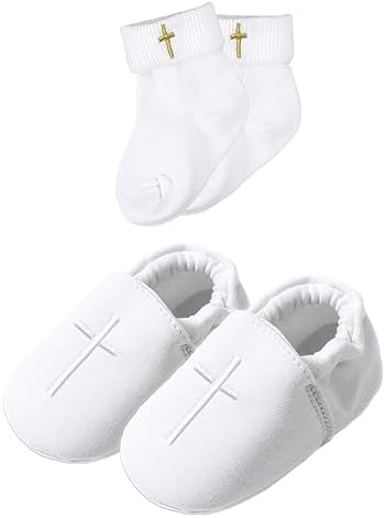 Infant Toddler Boys Christening Shoes White Soft Sole Comfortable with Embroidered Cross