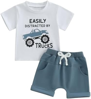 Toddler Boy Summer Outfit Truck Print T-Shirts Shorts Set