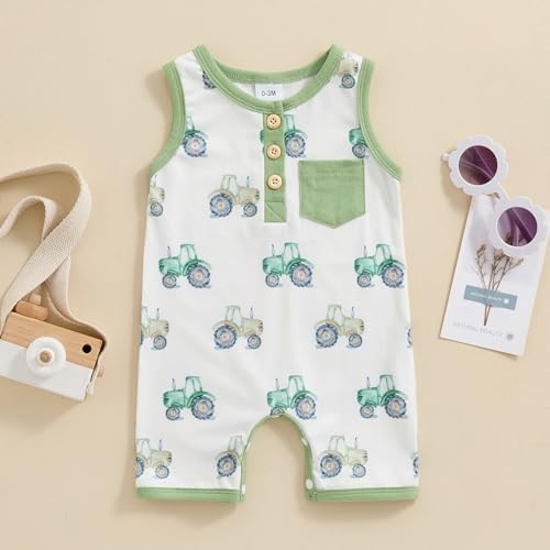 Cute Summer Baby Boys Ropmer with Tractor Animal Print