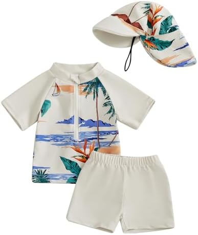 3-Piece Toddler Boys Swimming Set with Rash Guards Sunhat