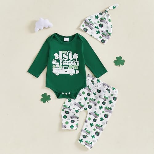 St Patricks Day Baby Boy Newborn ROMPER PANTS HAT 3-Pack Set
