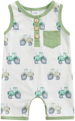 Cute Summer Baby Boys Ropmer with Tractor Animal Print