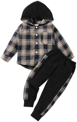 Kids Cool Plaid Long Sleeve Hoodie 2x Denim Pants Set for Toddlers