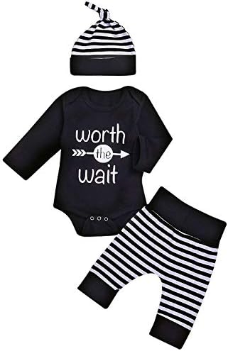 Besokuse Baby Unisex Romper Striped Pant Hat Set Black