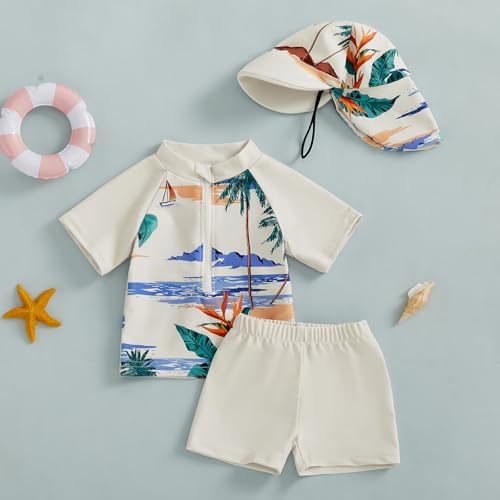 3-Piece Toddler Boys Swimming Set with Rash Guards Sunhat