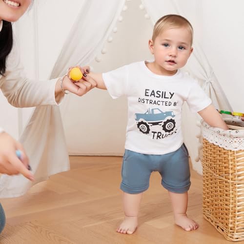 Toddler Boy Summer Outfit Truck Print T-Shirts Shorts Set