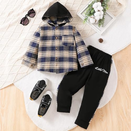 Kids Cool Plaid Long Sleeve Hoodie 2x Denim Pants Set for Toddlers