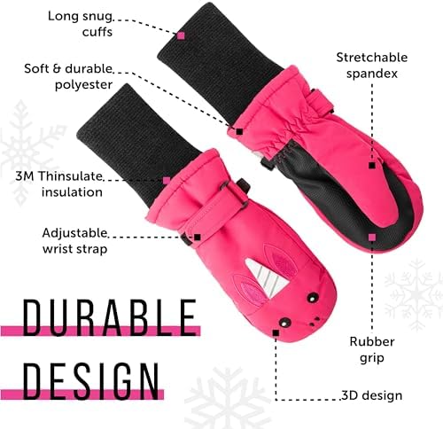 Maplefield Waterproof Kids Gloves with Fun Creatures Long Cuff