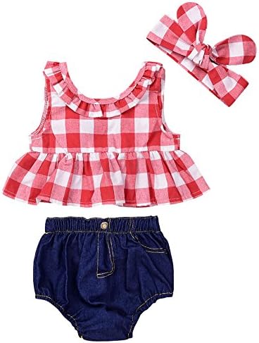 Baby Girls Plaid Ruffle Bowknot Tank TopDenim Shorts Outfit with Headband