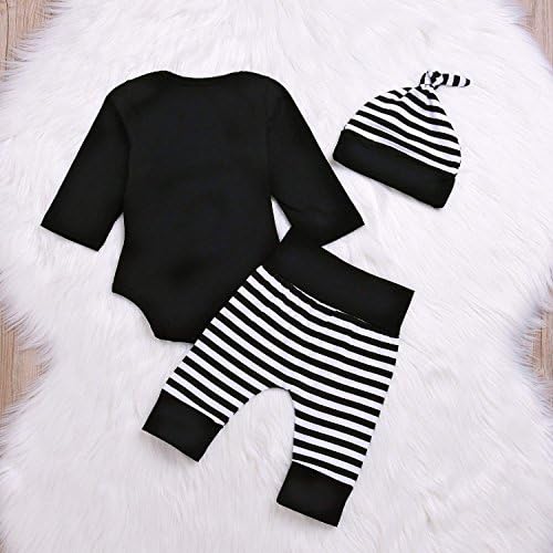 Besokuse Baby Unisex Romper Striped Pant Hat Set Black