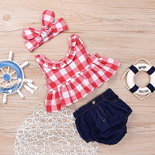 Baby Girls Plaid Ruffle Bowknot Tank TopDenim Shorts Outfit with Headband