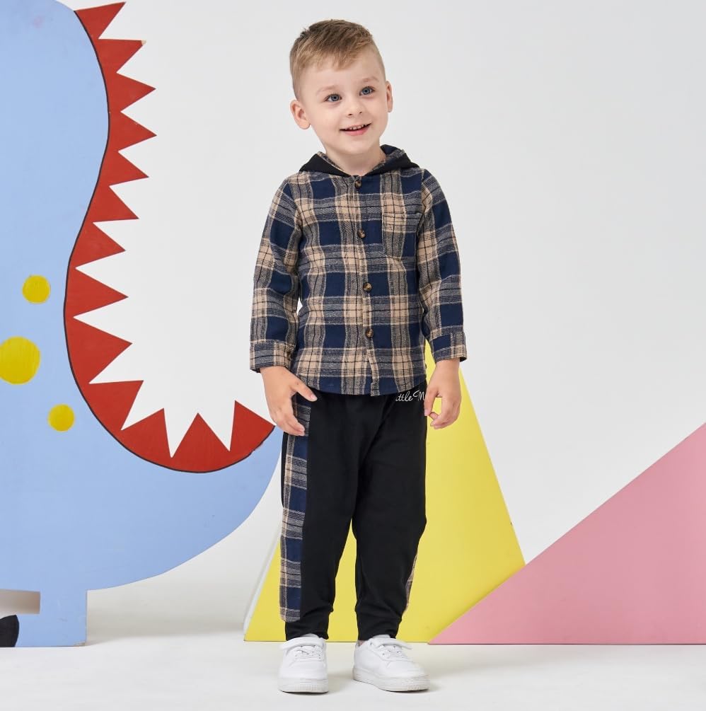 Kids Cool Plaid Long Sleeve Hoodie 2x Denim Pants Set for Toddlers