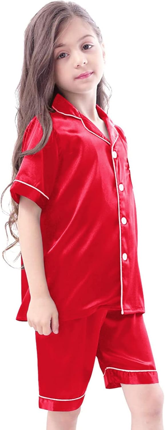 Little Baby Boys Girls Pajamas Set Satin Silk Kids Button Down Red