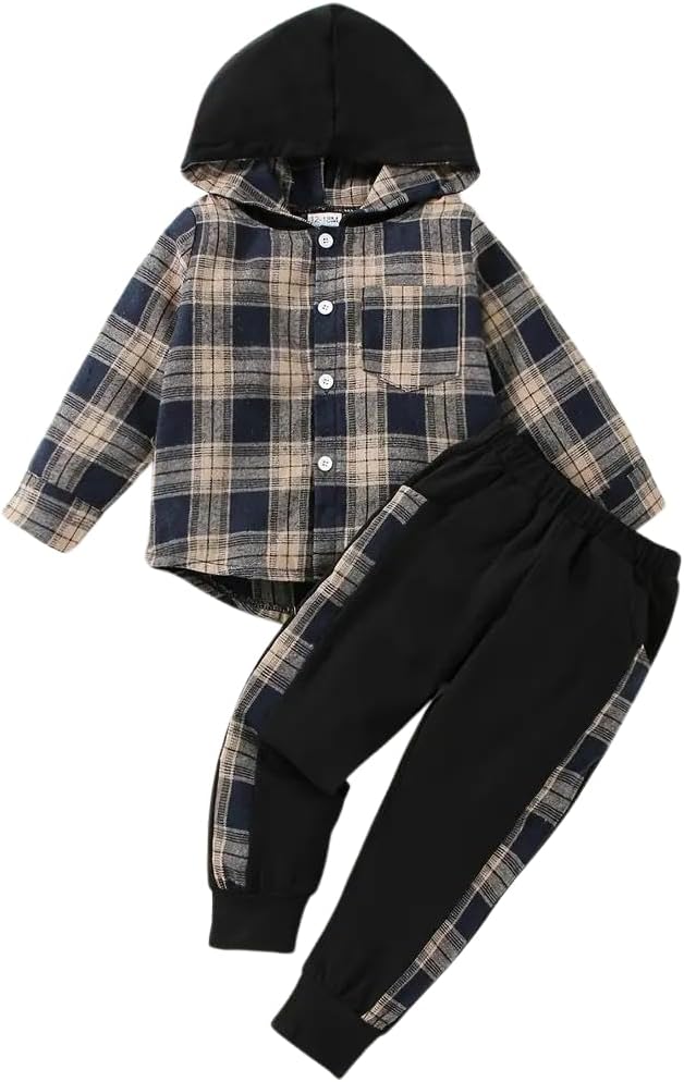 Kids Cool Plaid Long Sleeve Hoodie 2x Denim Pants Set for Toddlers
