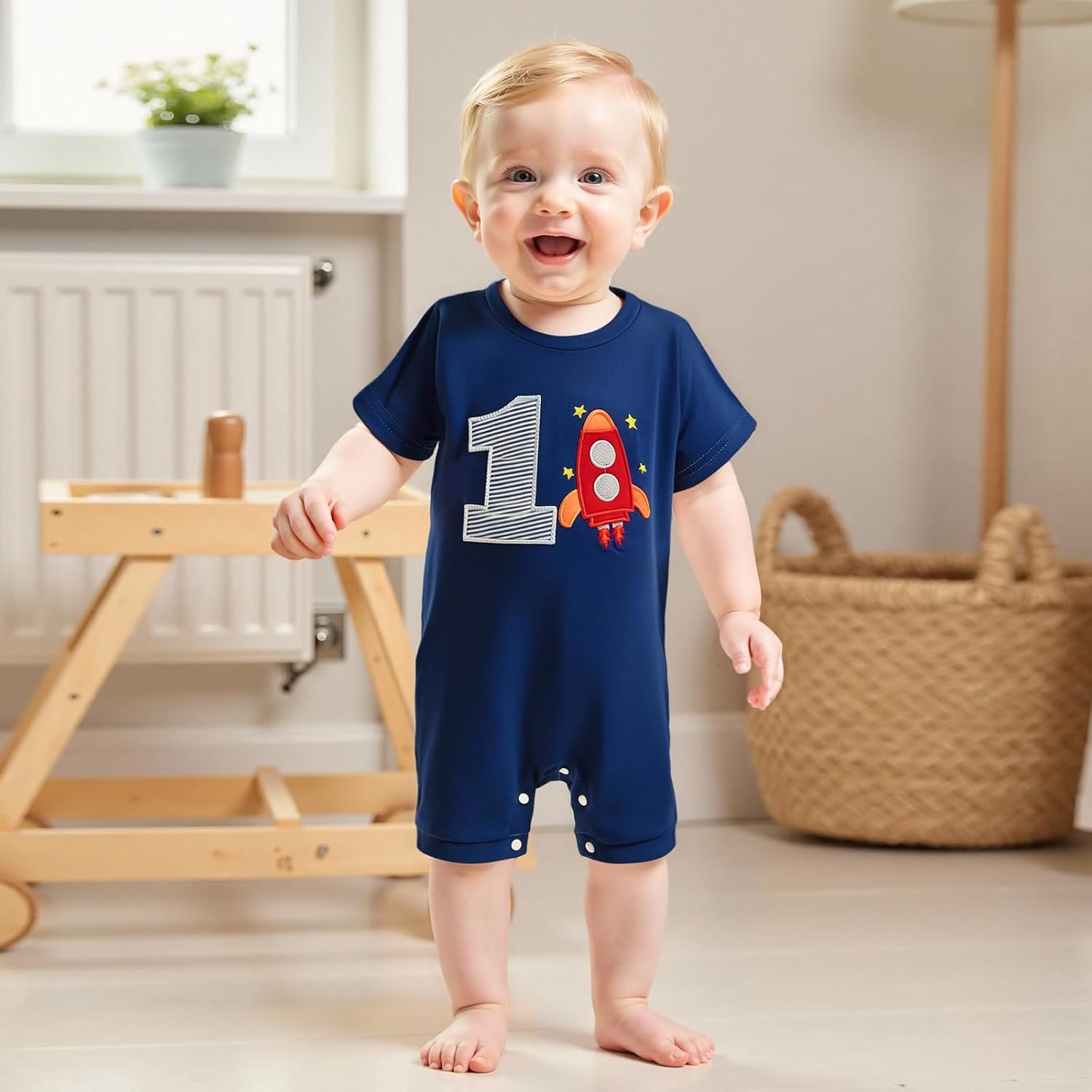First Birthday Outfit Boy Space Rocket Romper 1