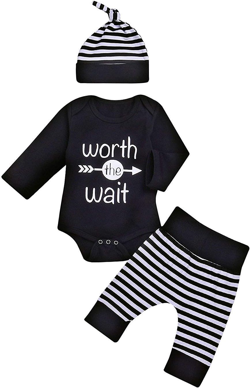 Besokuse Baby Unisex Romper Striped Pant Hat Set Black
