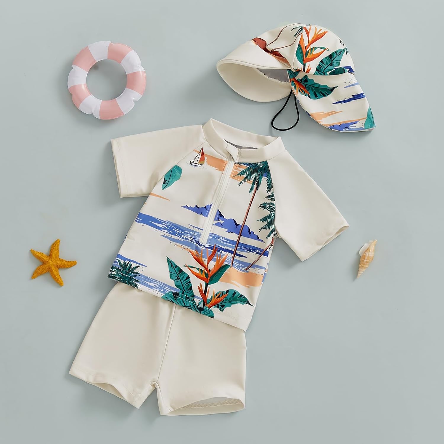 3-Piece Toddler Boys Swimming Set with Rash Guards Sunhat