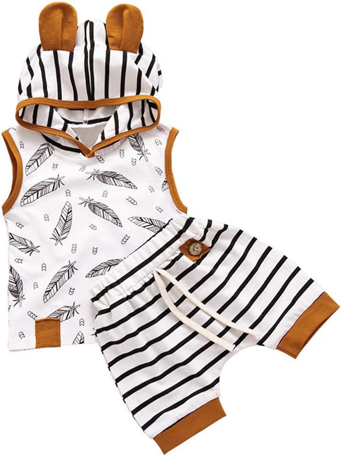 AMIMOJY Kids Summer Set Hooded Vest Stripe Pants