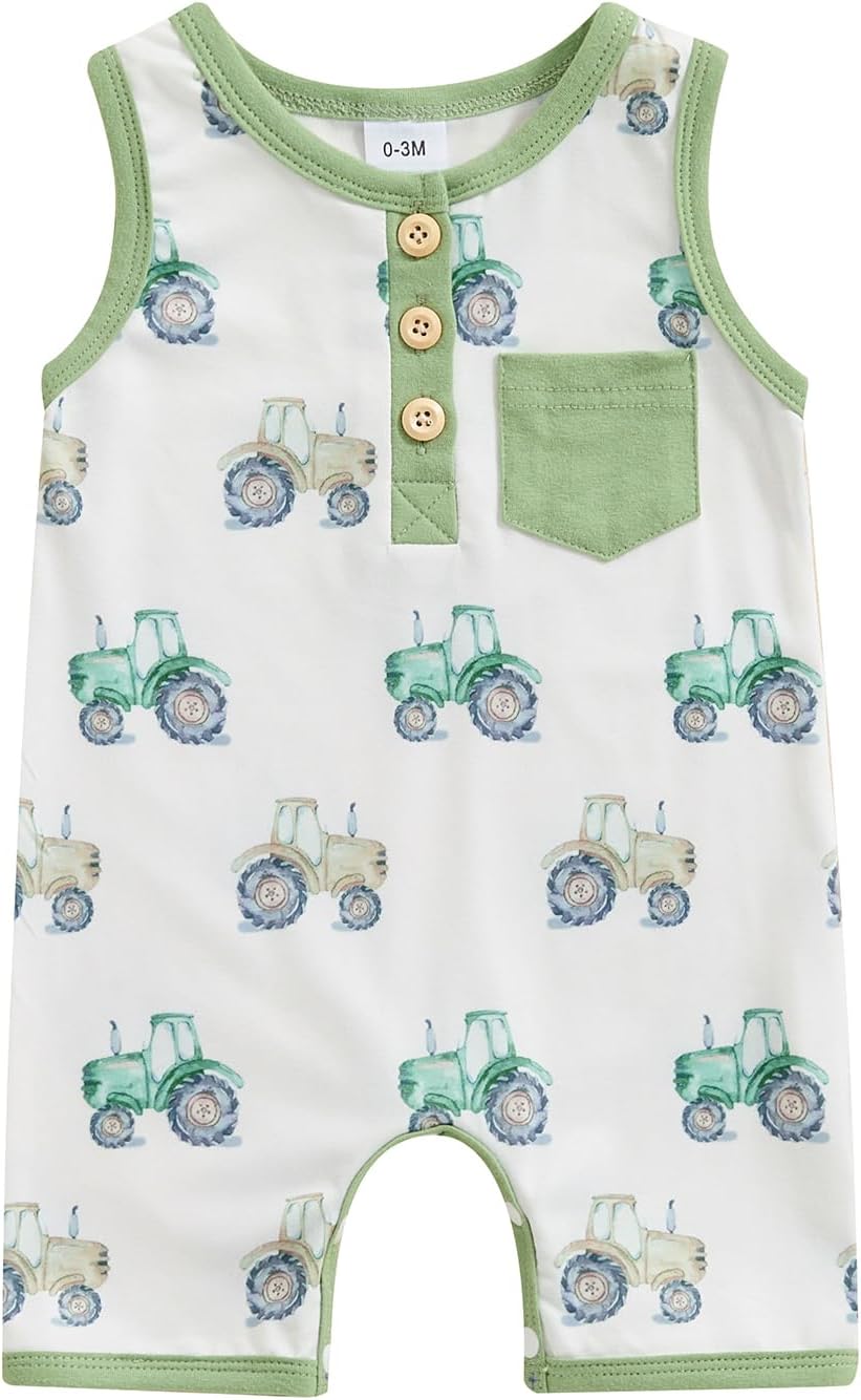 Cute Summer Baby Boys Ropmer with Tractor Animal Print