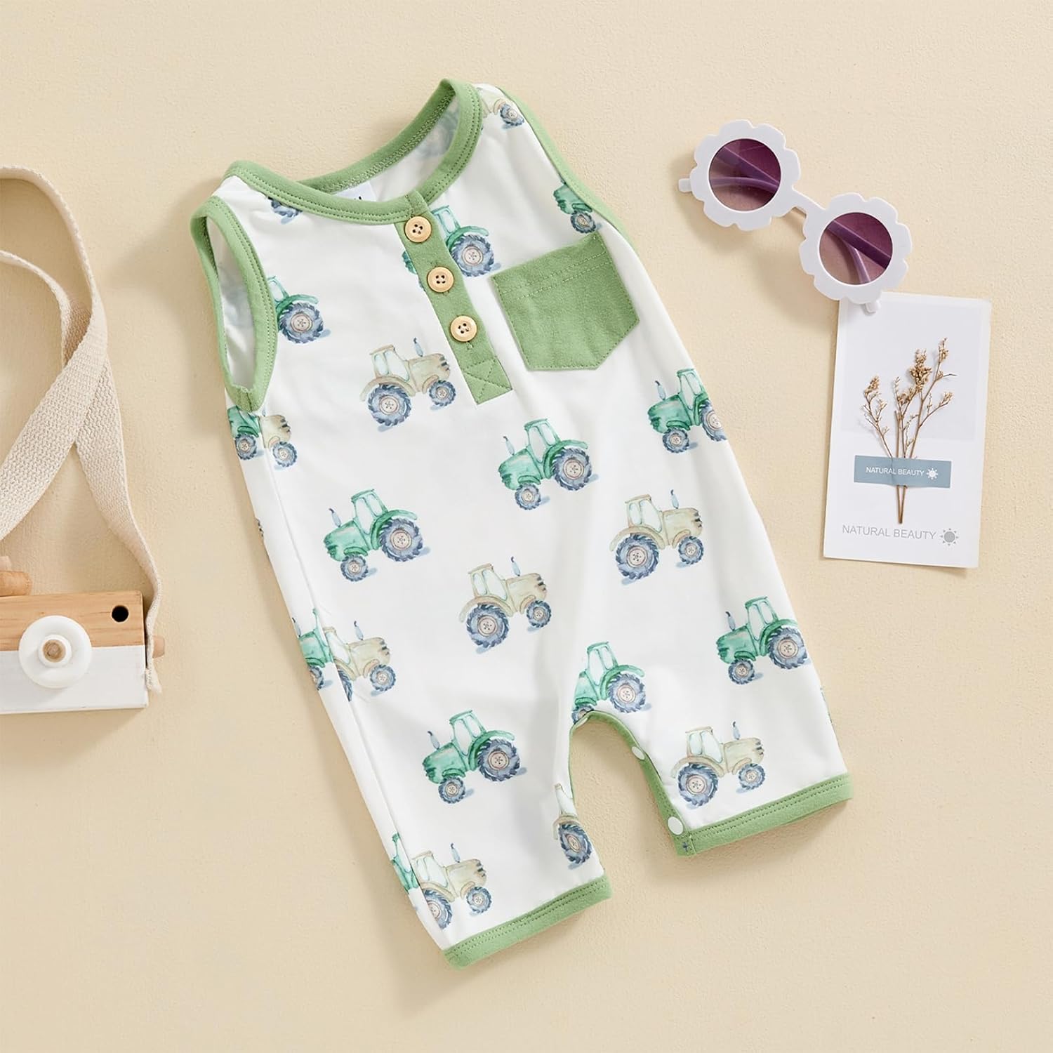 Cute Summer Baby Boys Ropmer with Tractor Animal Print