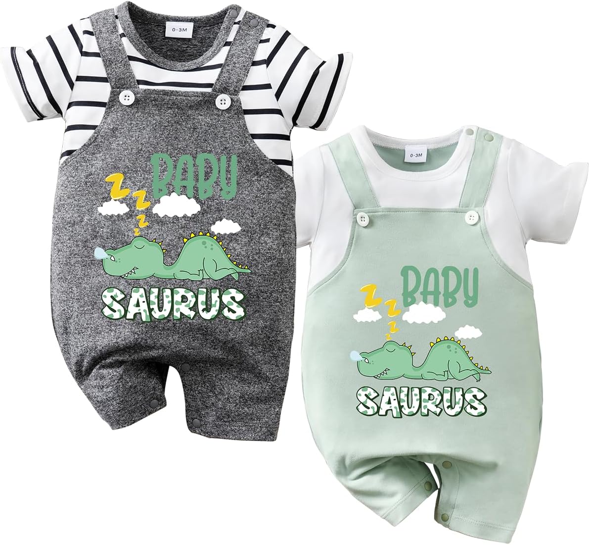 2-Pack Baby Dinosaur Romper Set with Snap Bottoms and Adjustable Straps