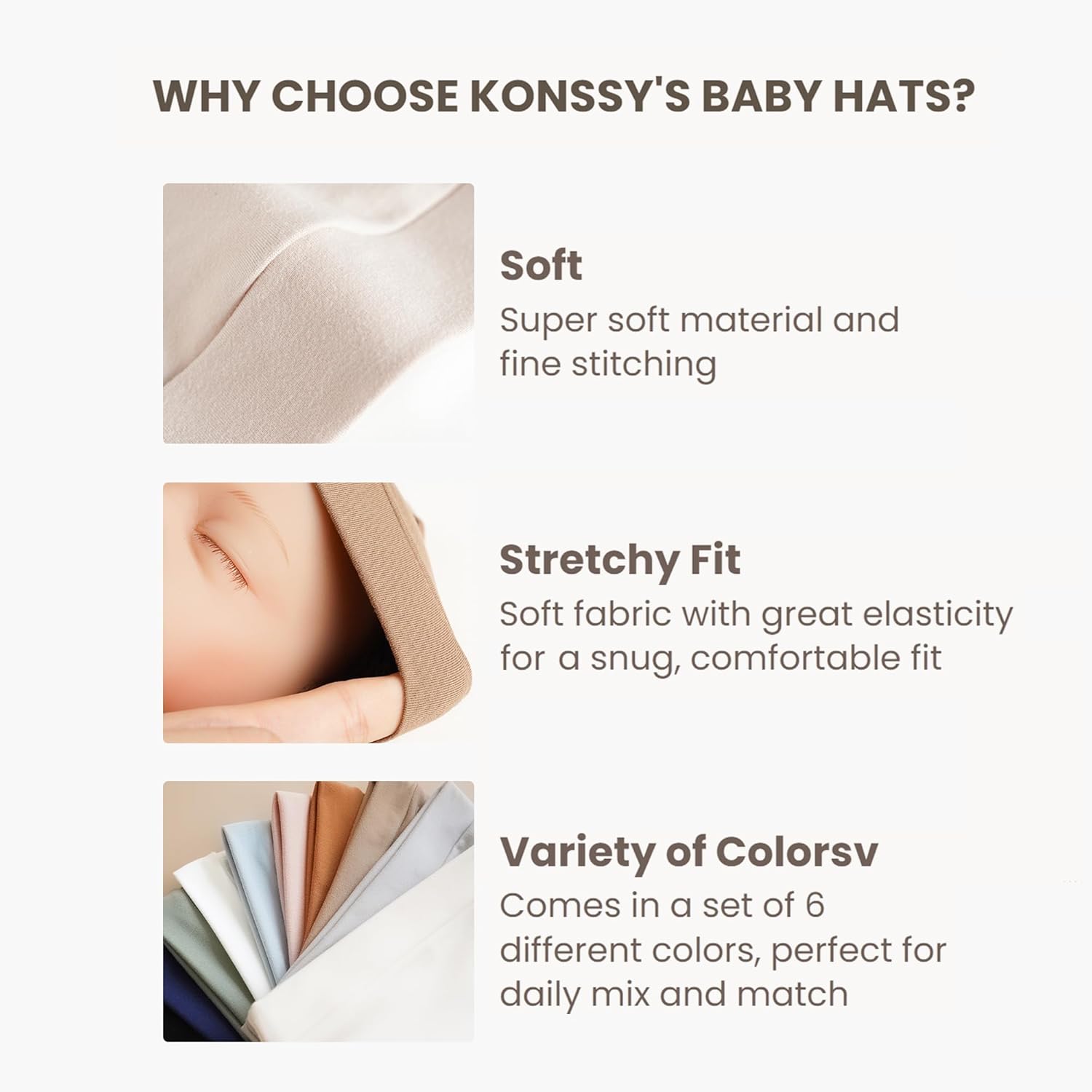Konssy 6-Pack Baby Beanie Hats for Newborns Soft Stretchy