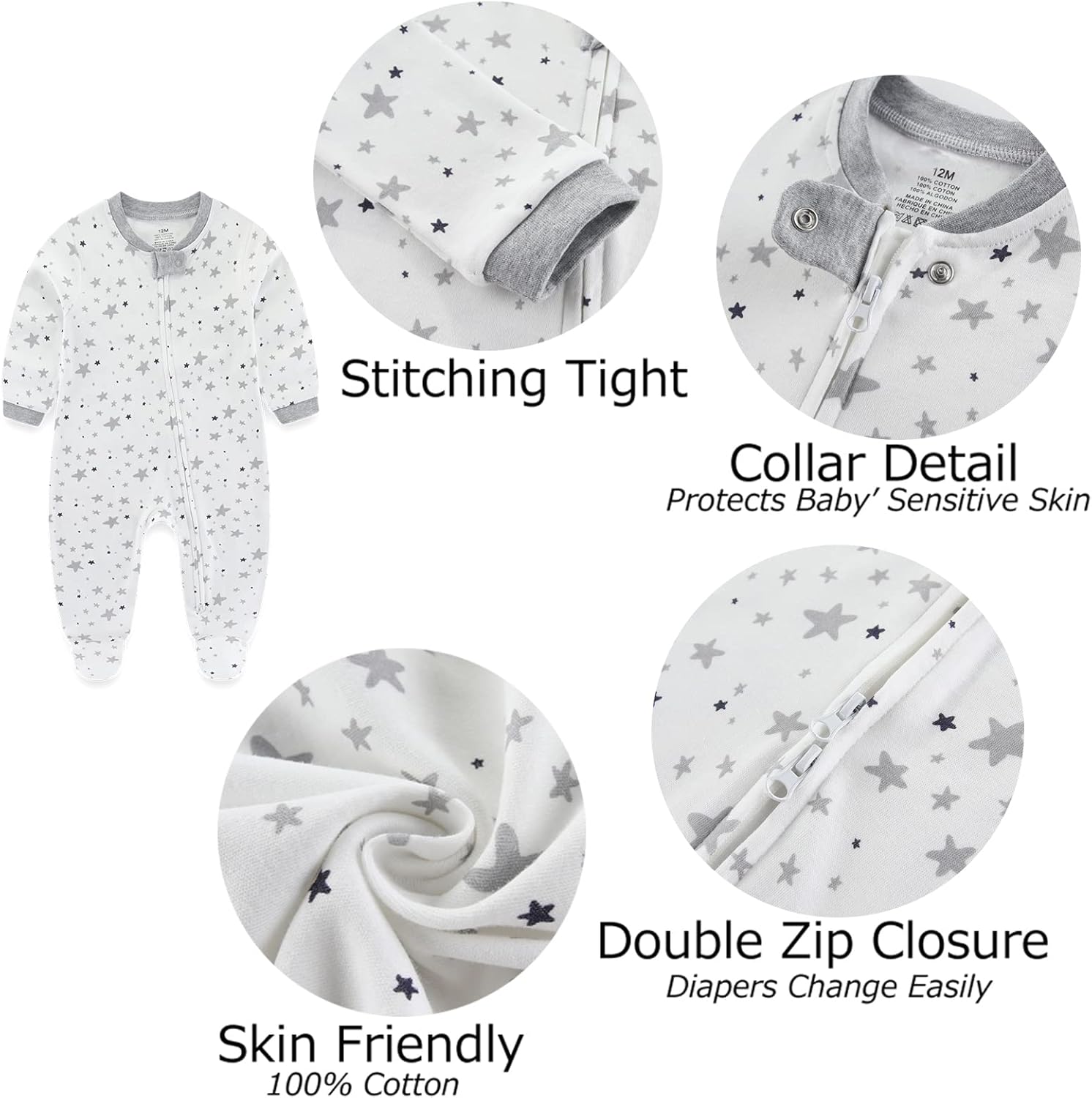 MAMIMAKA Baby Pajamas 2-Way Zip Footed Long Sleeve