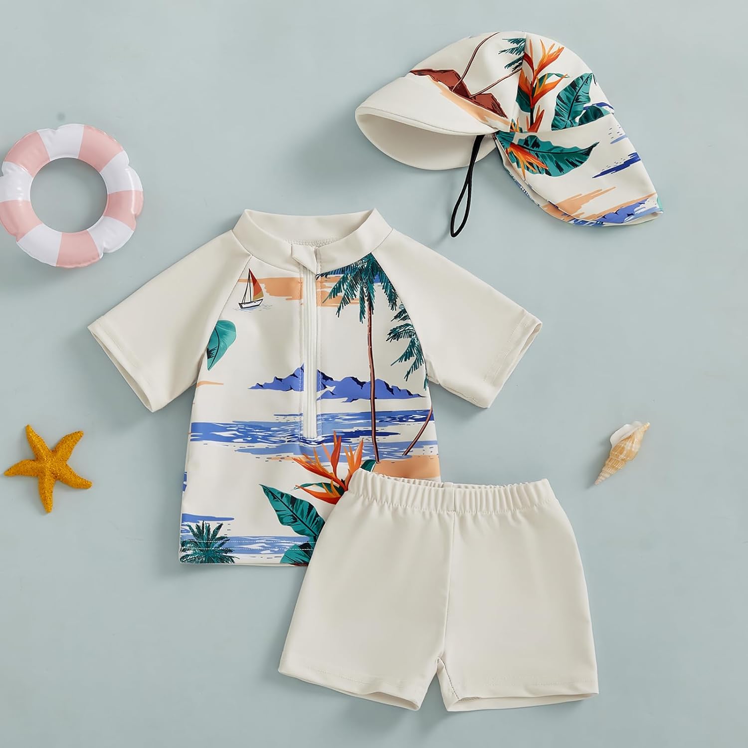 3-Piece Toddler Boys Swimming Set with Rash Guards Sunhat