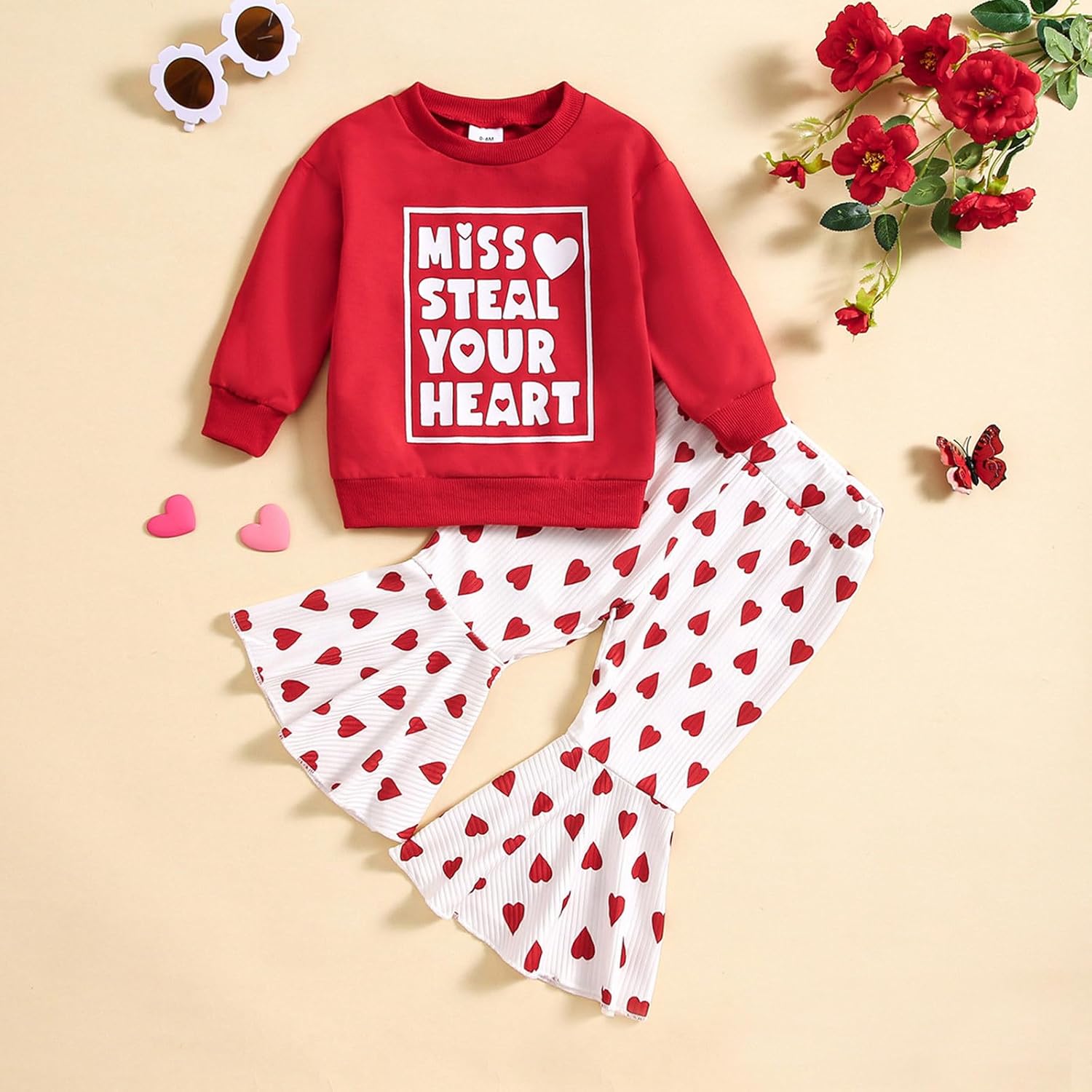 FZVYD 2025 SpringFall Heart Print Toddler Girls Outfit Set