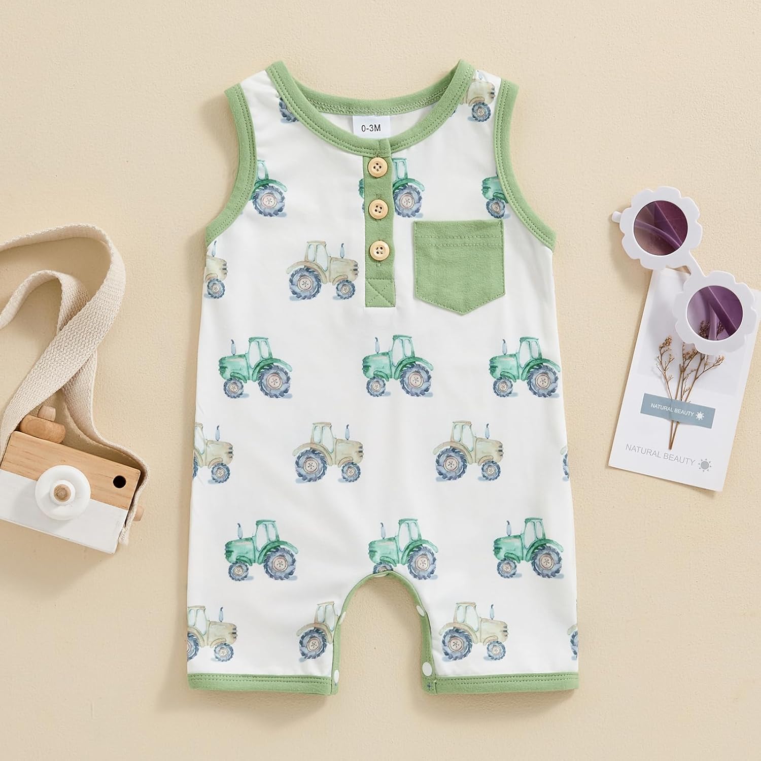 Cute Summer Baby Boys Ropmer with Tractor Animal Print