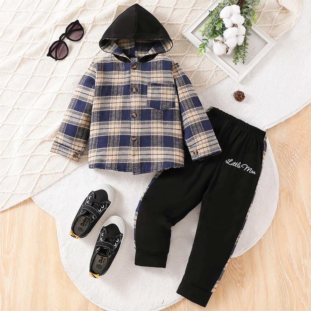 Kids Cool Plaid Long Sleeve Hoodie 2x Denim Pants Set for Toddlers