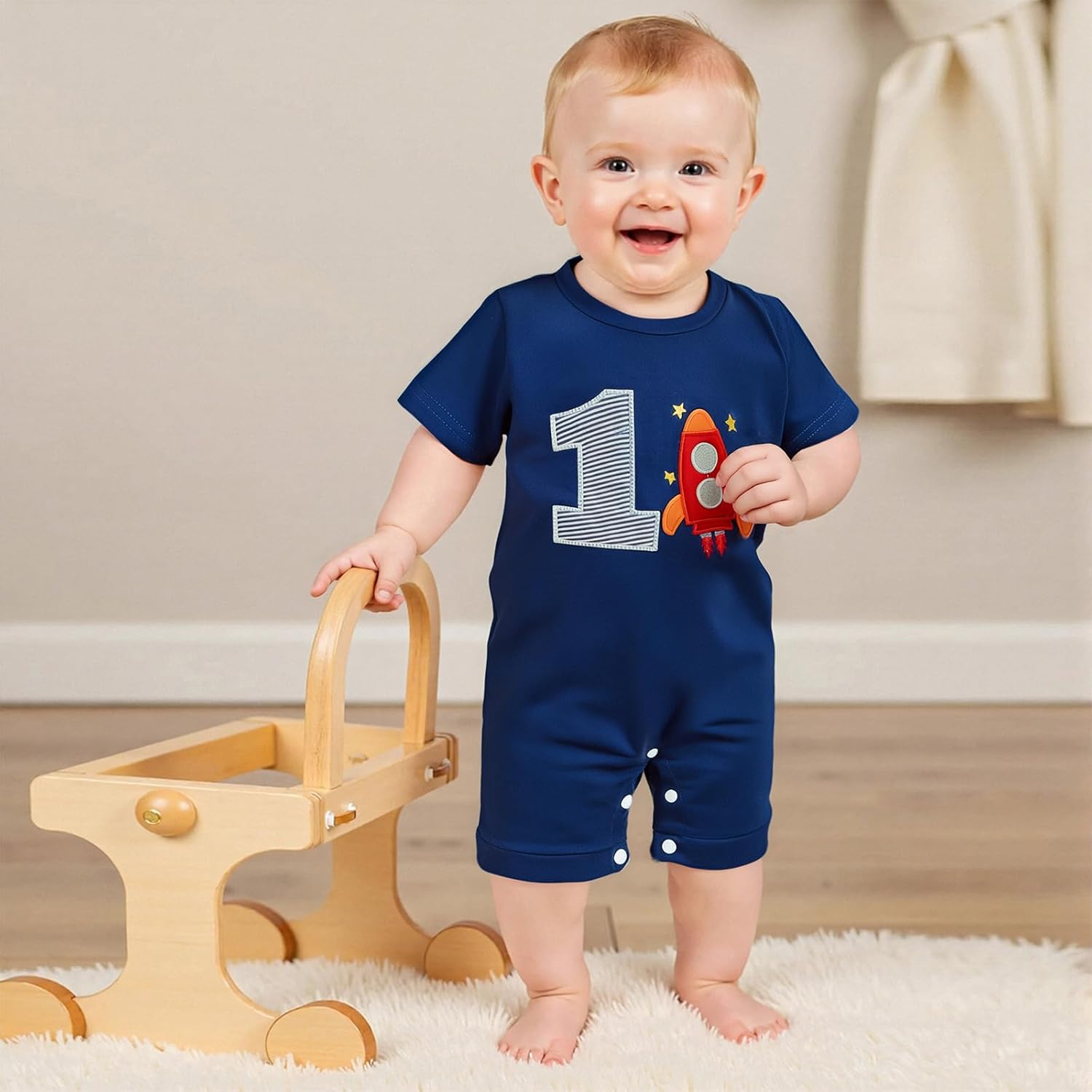 First Birthday Outfit Boy Space Rocket Romper 1