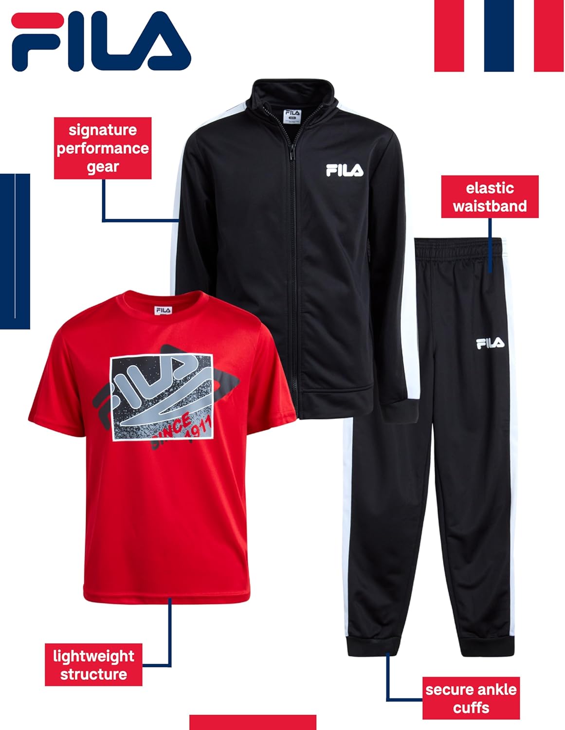 FILA Boys Athletic Tracksuit Set - 3-Piece Collection for Kids