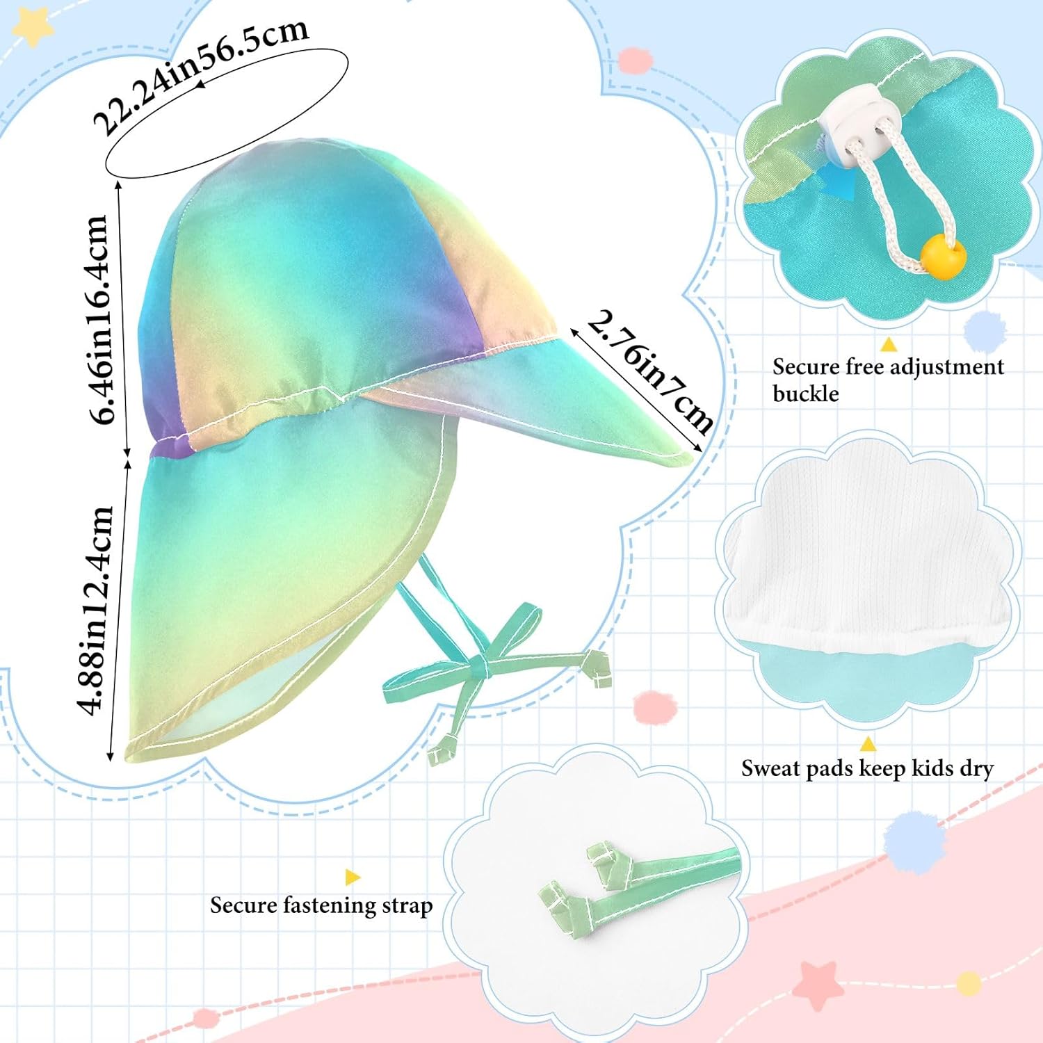 Adjustable Pastel Gradient Rainbow Unisex Toddler Bucket Hat for Summer