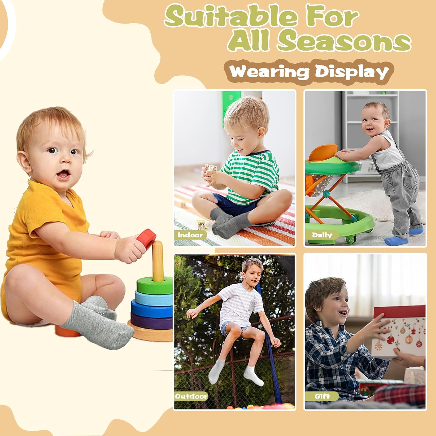 Non-Slip Grip Socks for Toddler Boys and Girls