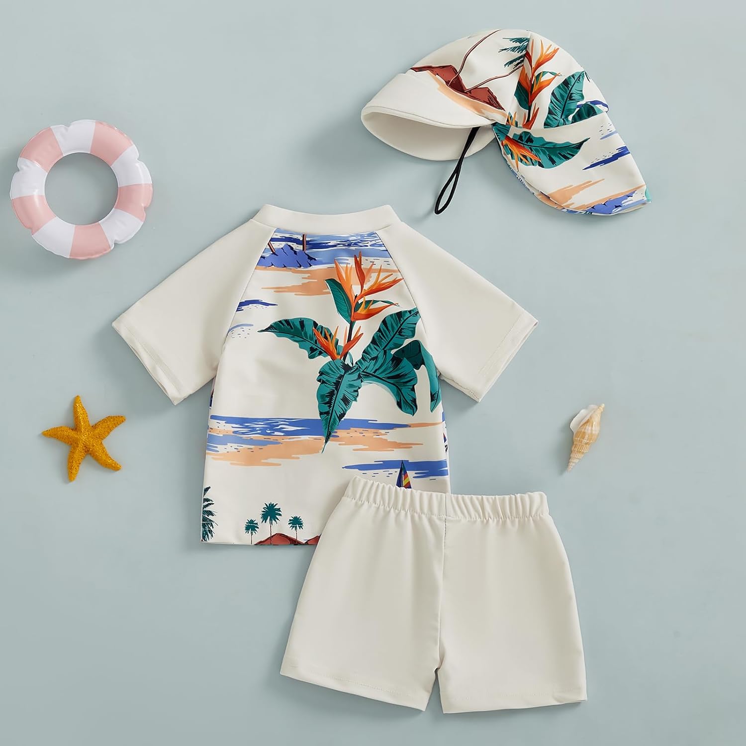 3-Piece Toddler Boys Swimming Set with Rash Guards Sunhat