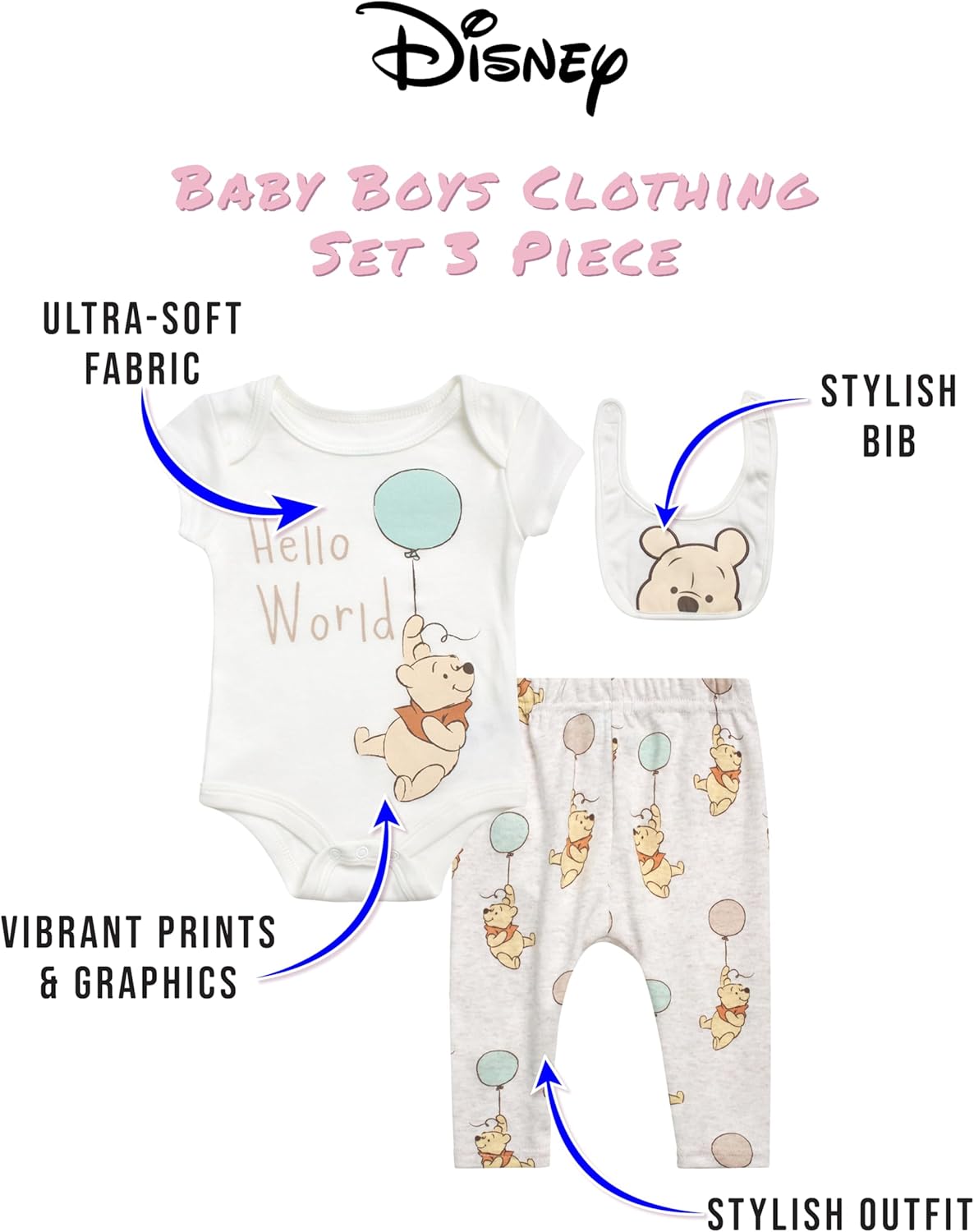 Disney Baby Boys 3-Piece Layette Set