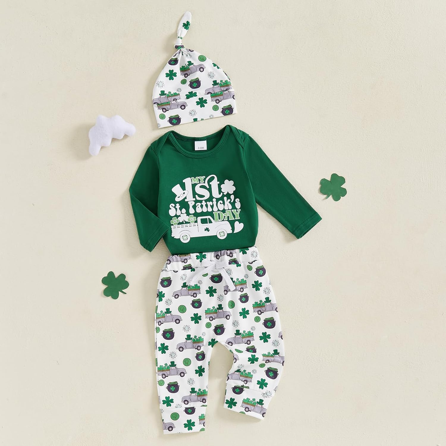 St Patricks Day Baby Boy Newborn ROMPER PANTS HAT 3-Pack Set
