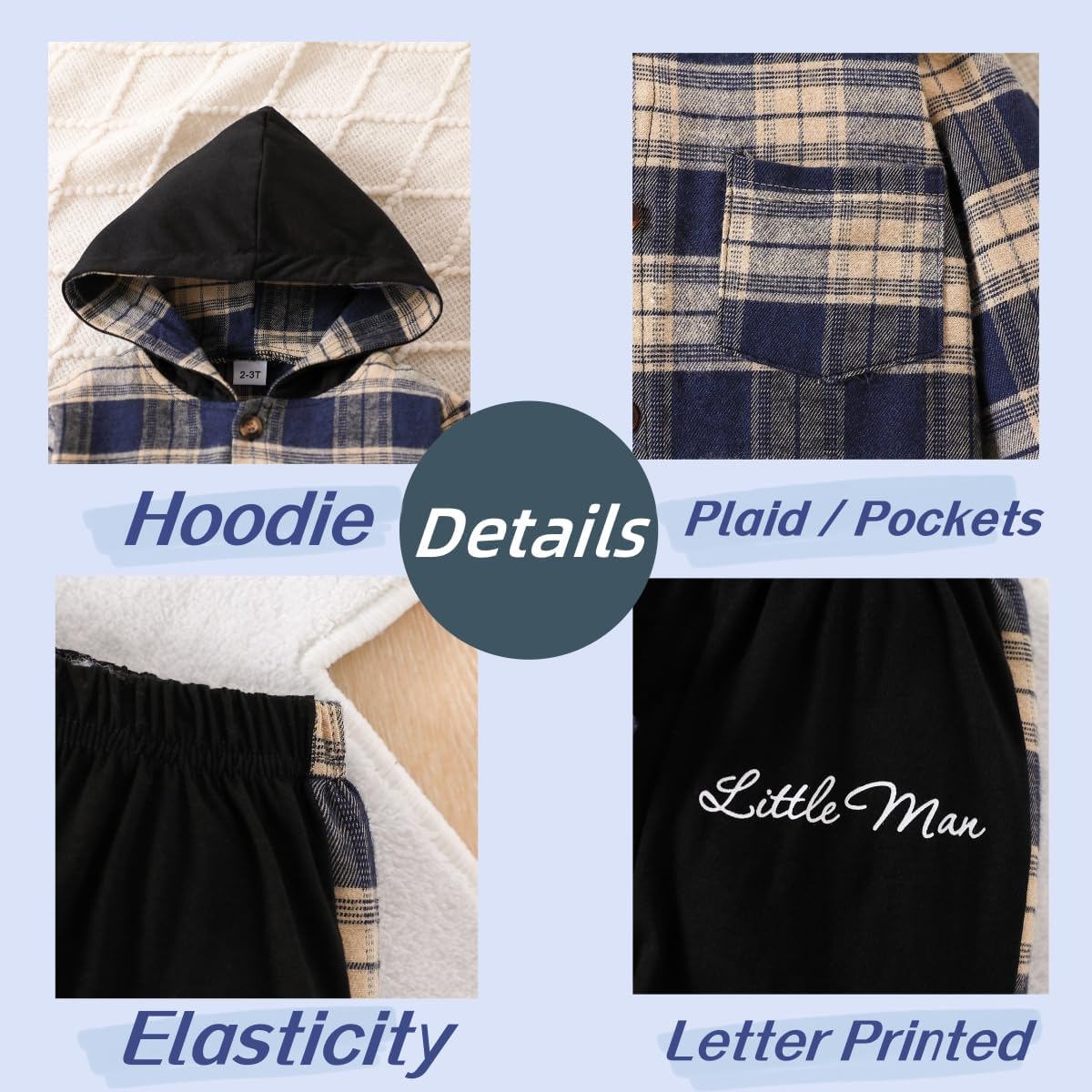 Kids Cool Plaid Long Sleeve Hoodie 2x Denim Pants Set for Toddlers
