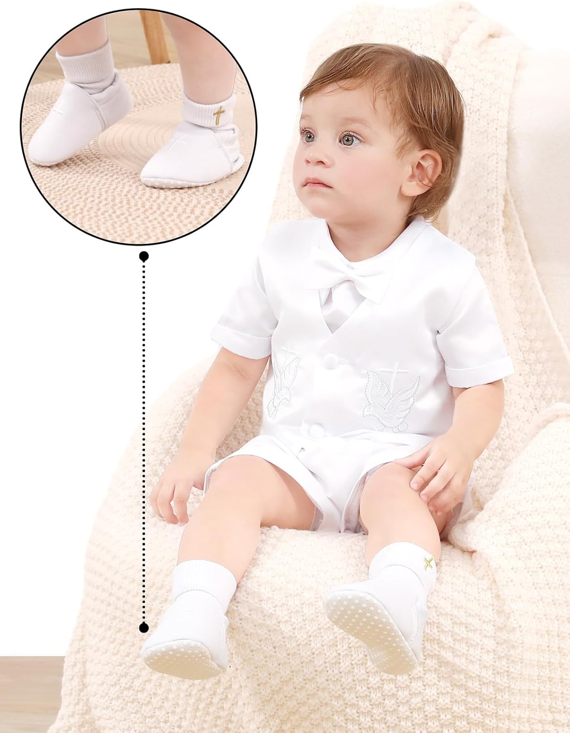 Infant Toddler Boys Christening Shoes White Soft Sole Comfortable with Embroidered Cross