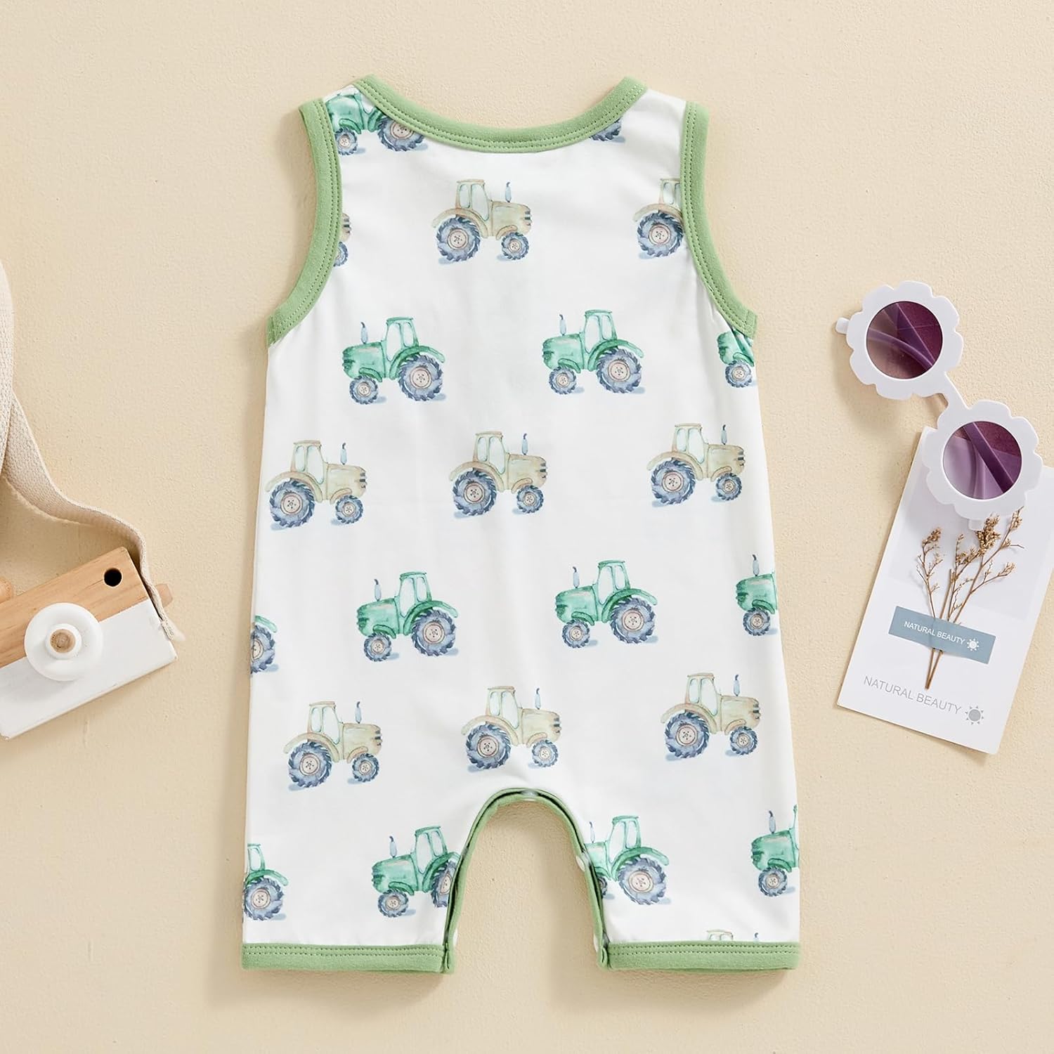 Cute Summer Baby Boys Ropmer with Tractor Animal Print