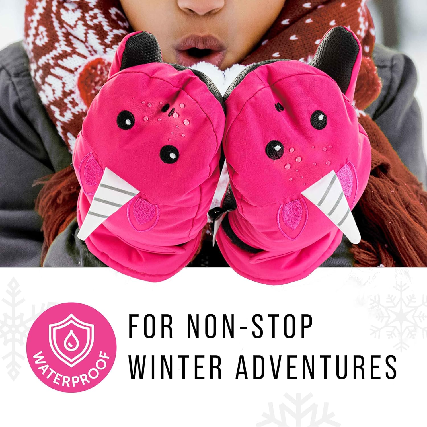 Maplefield Waterproof Kids Gloves with Fun Creatures Long Cuff
