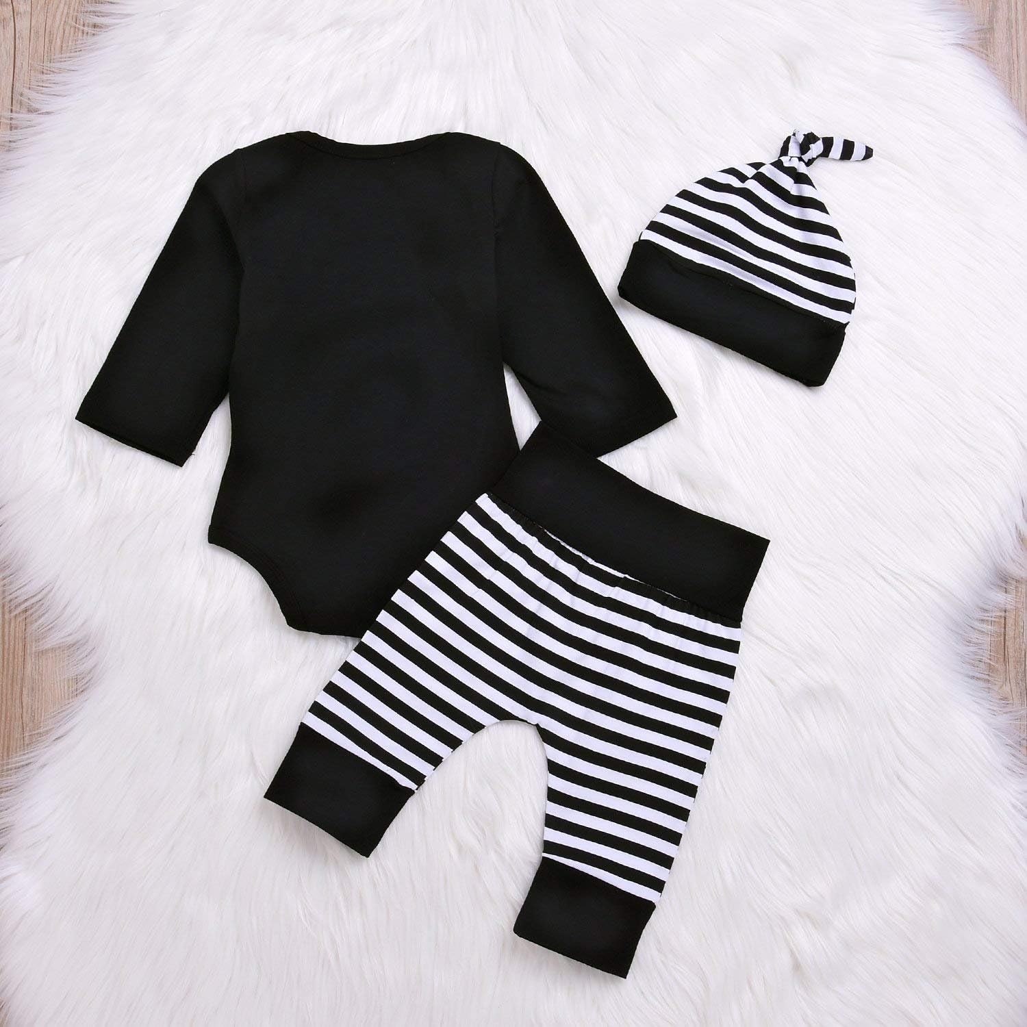 Besokuse Baby Unisex Romper Striped Pant Hat Set Black