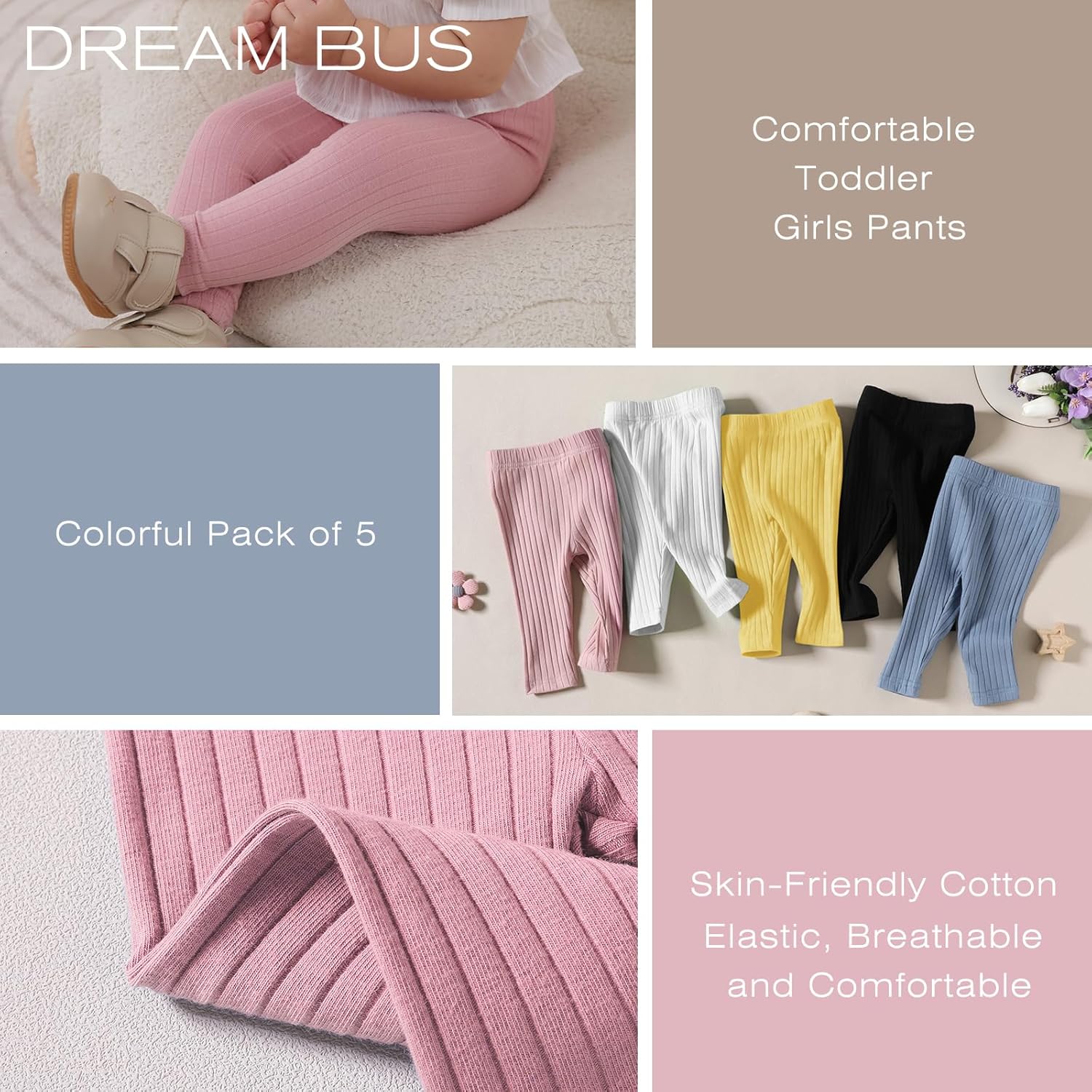 DREAM BUS 5 Pack Toddler Girl Cotton Joggers