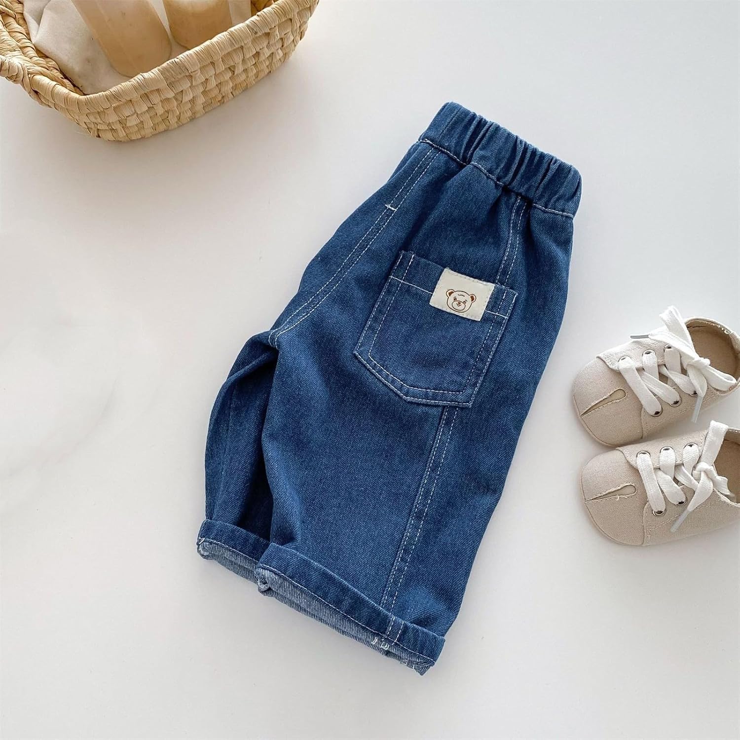 Baby Boys Elastic Waist Jeans with Bear Print