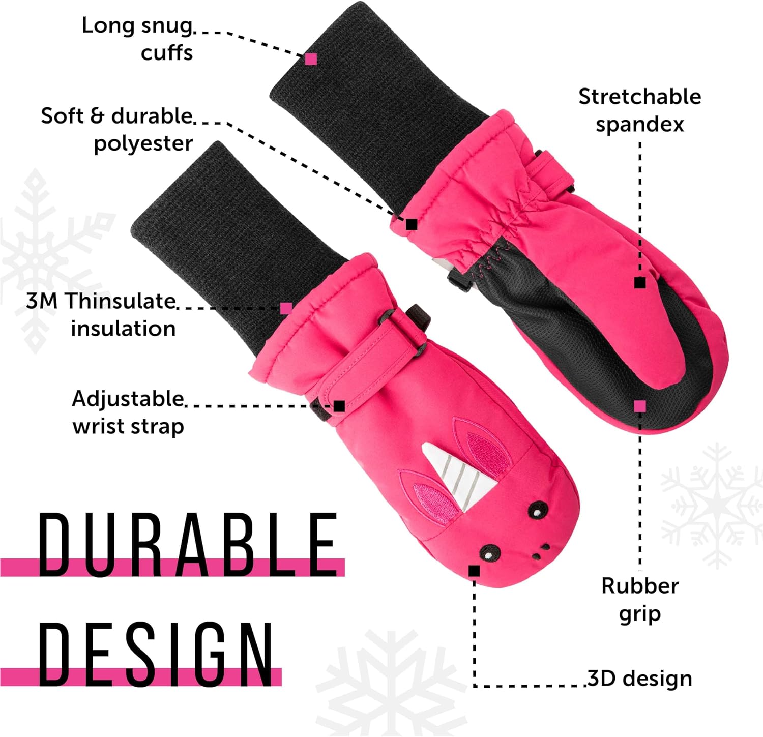 Maplefield Waterproof Kids Gloves with Fun Creatures Long Cuff