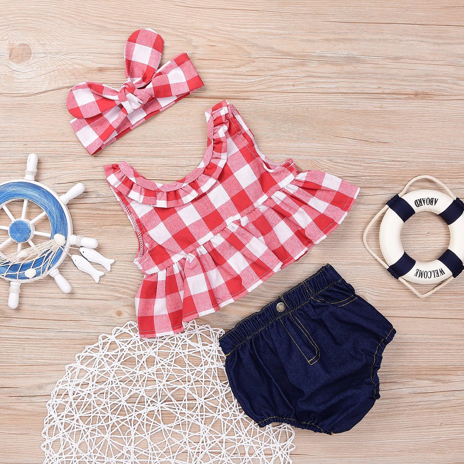 Baby Girls Plaid Ruffle Bowknot Tank TopDenim Shorts Outfit with Headband
