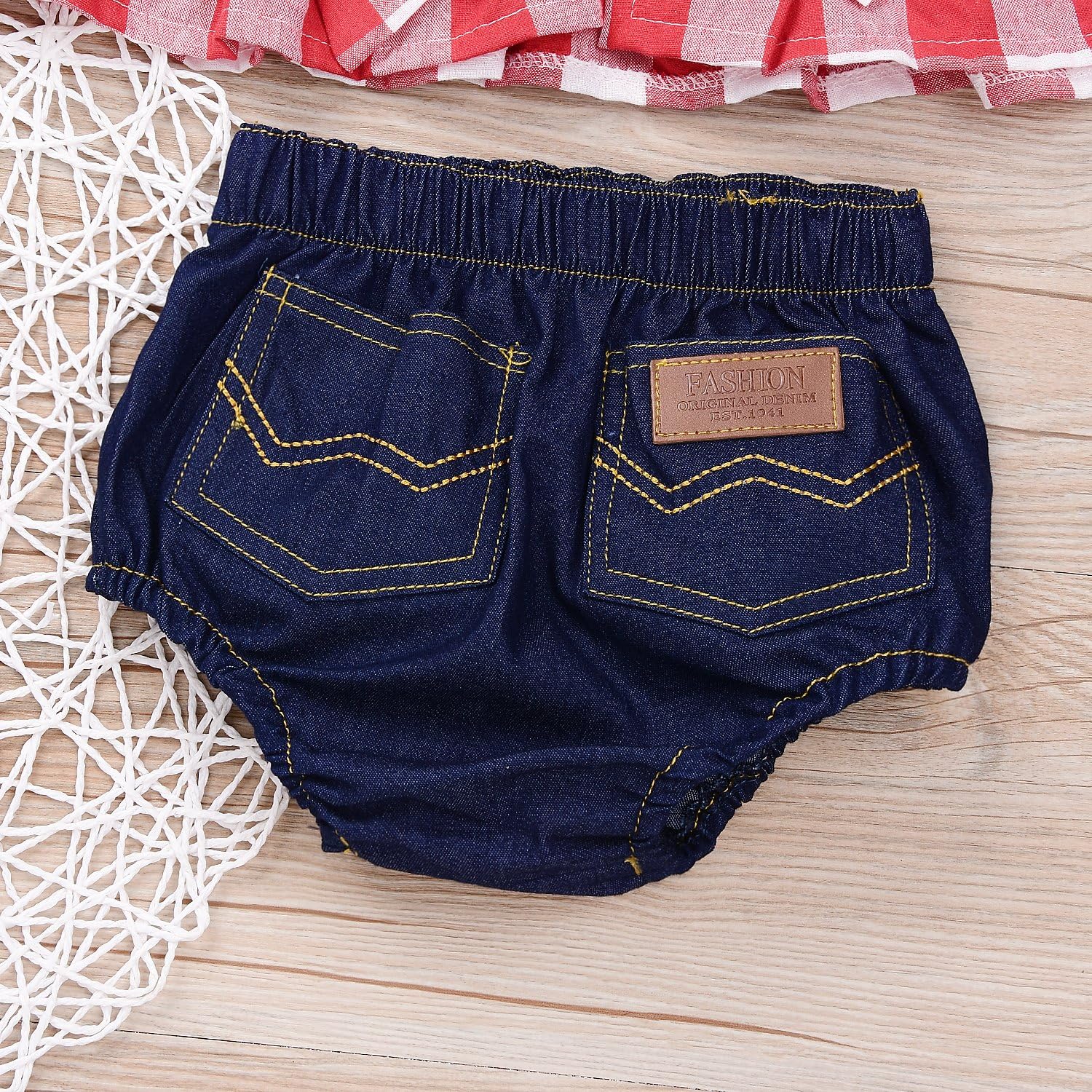 Baby Girls Plaid Ruffle Bowknot Tank TopDenim Shorts Outfit with Headband