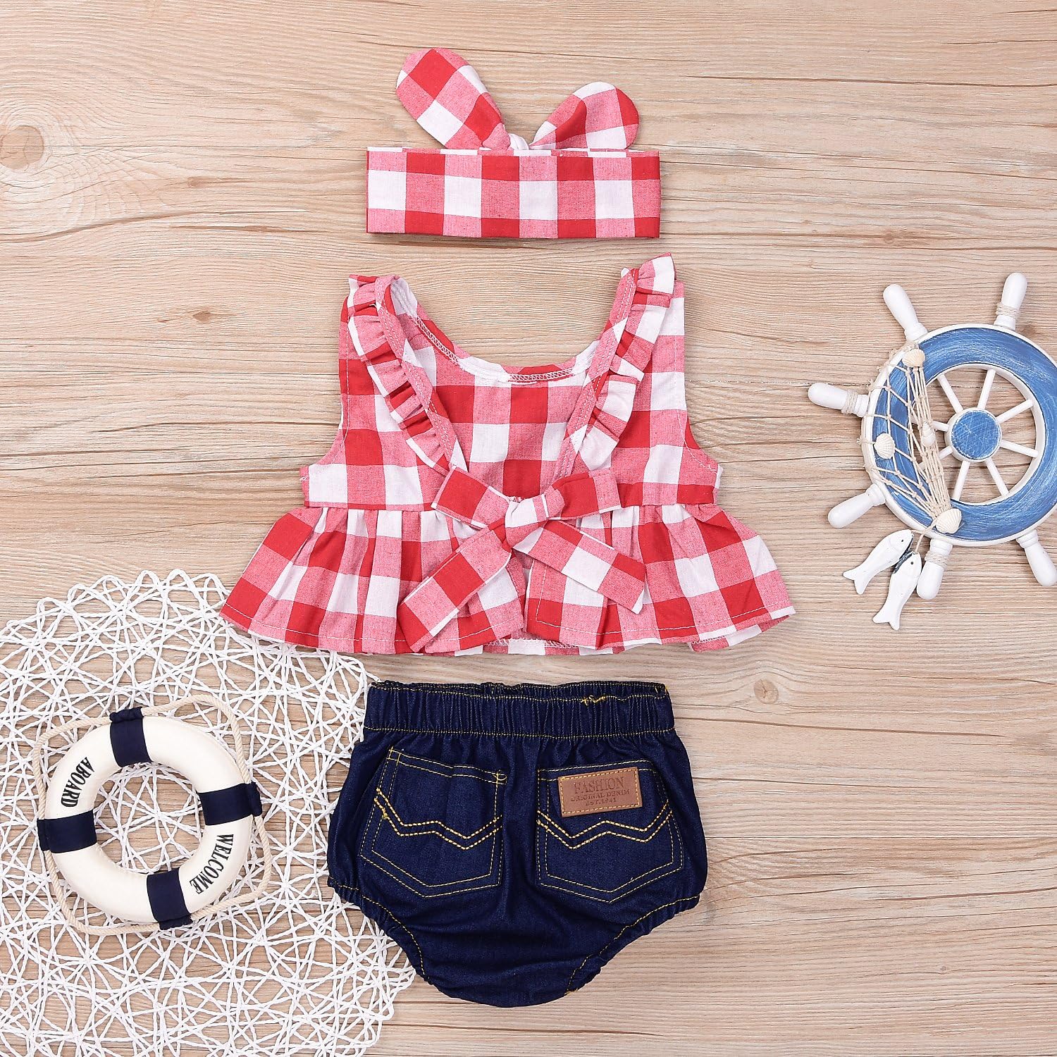 Baby Girls Plaid Ruffle Bowknot Tank TopDenim Shorts Outfit with Headband